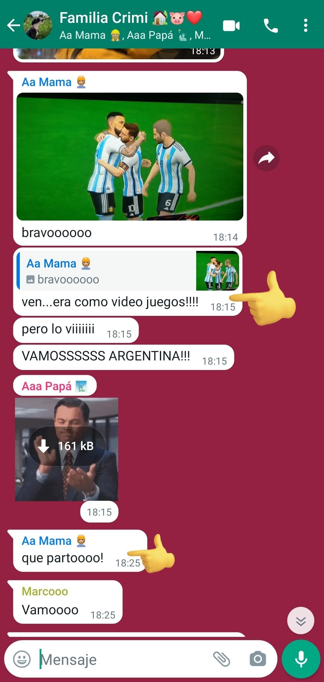 Captura de pantalla del chat de la familia de la mujer.