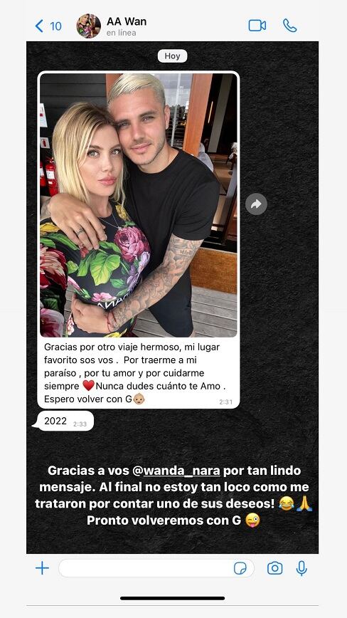 La captura compartida por Icardi en la que supuestamente Wanda Nara menciona a "G".