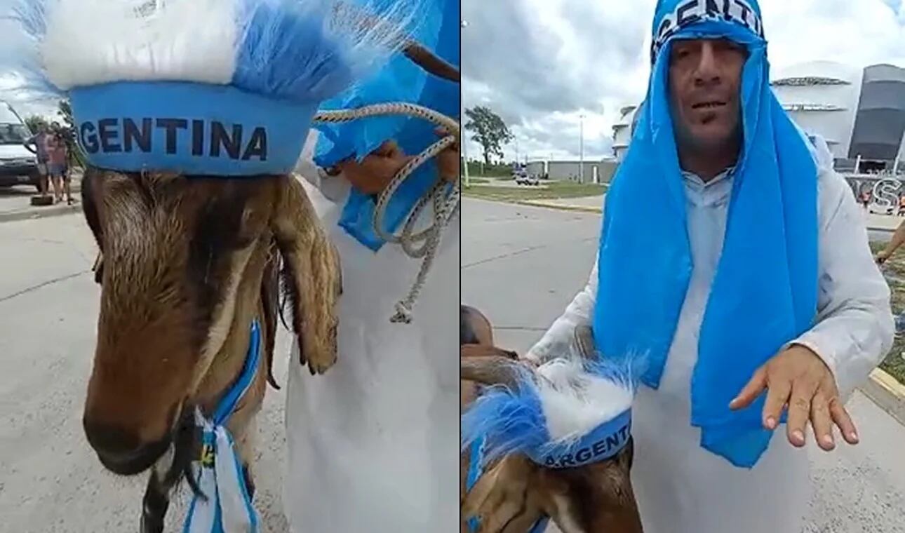 Un fanático santiagueño fue al estadio  a ver la Selección Argentina con una cabra. Increíble. / Gentileza.