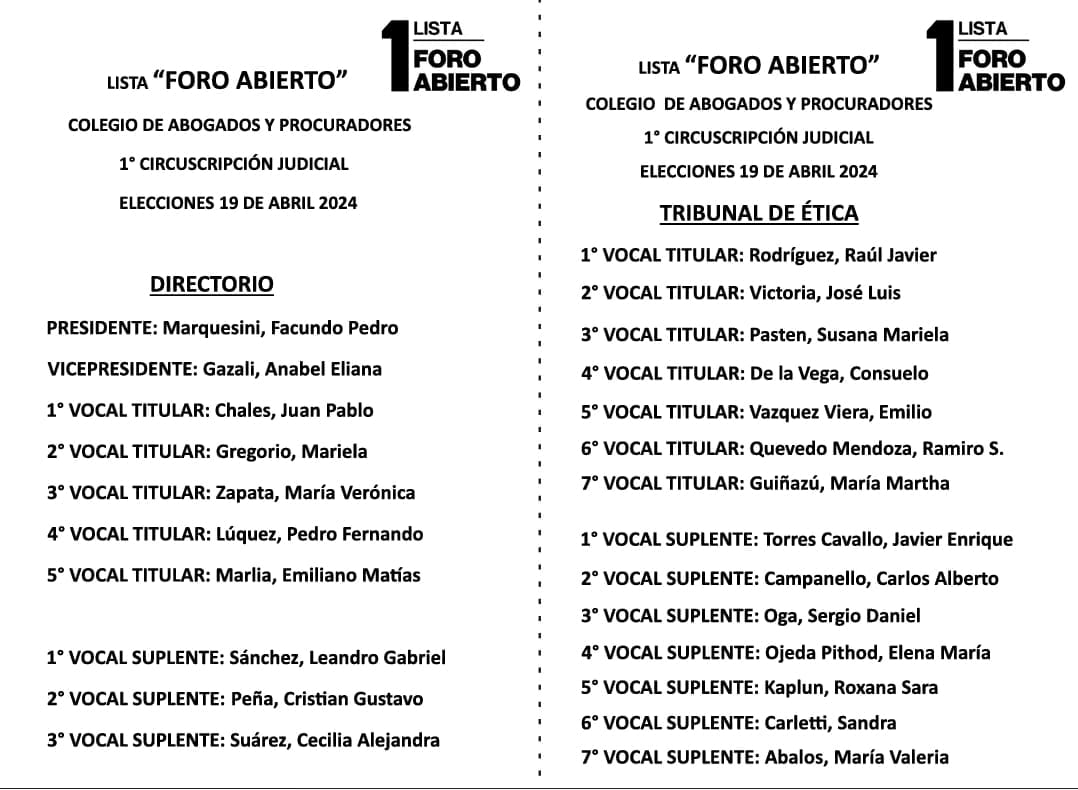 La lista que lidera Facundo Marquesini junto a Anabel Gazali quieren conducir el Colegio de Abogados.