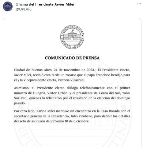 Desde la oficina de prensa aseguraron que el rosario fue bendecido para Milei y para la vicepresidenta electa, Victoria Villarruel. Gentileza: Captura de X @OPEArg.