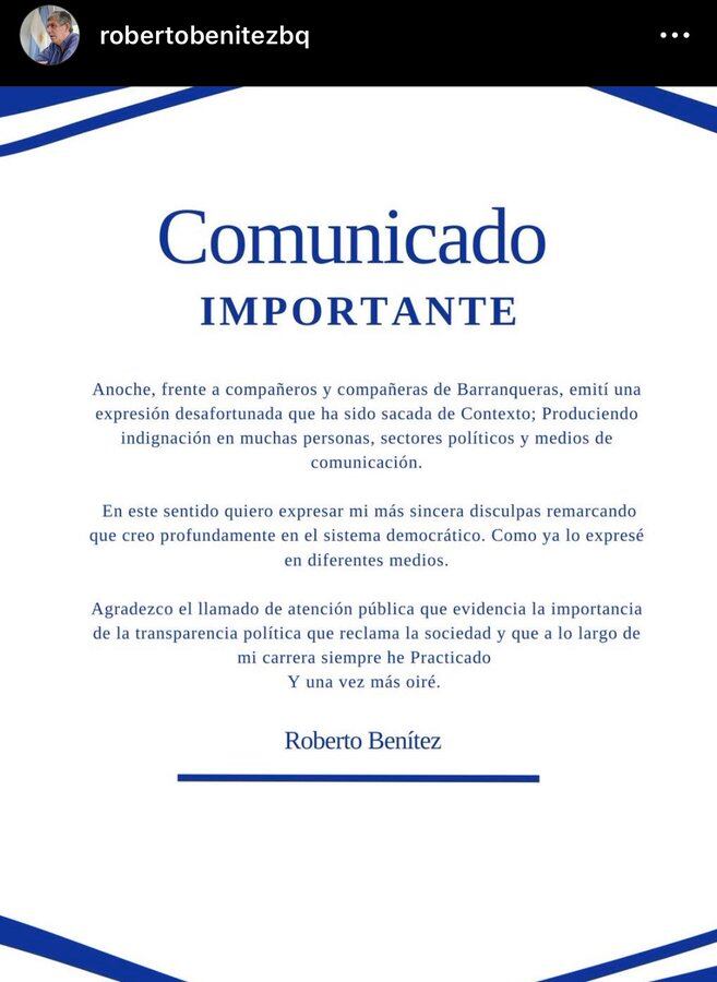 Comunicado de Roberto Benítez. Foto: Instagram / @robertobenitezbq