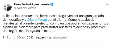 Mandatarios regionales saludaron a Santiago Peña, tras ganar las elecciones presidenciales este domingo. Twitter