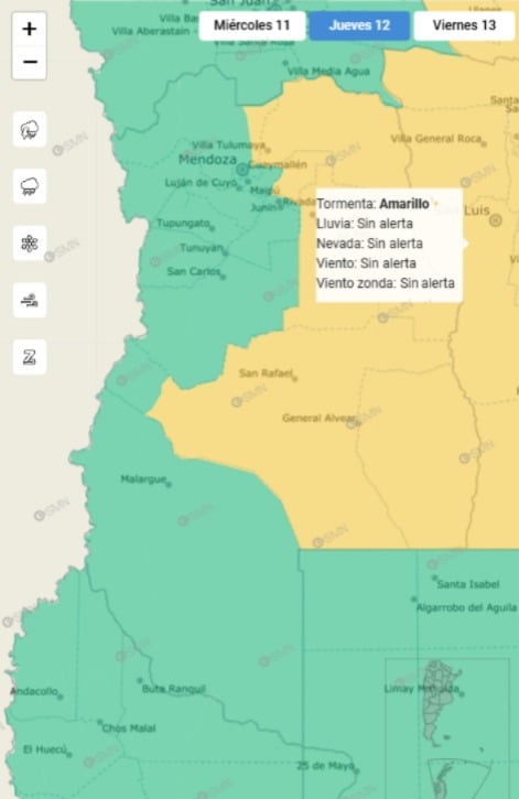 Alerta amarilla por Tormentas en varios lugares de la provincia.