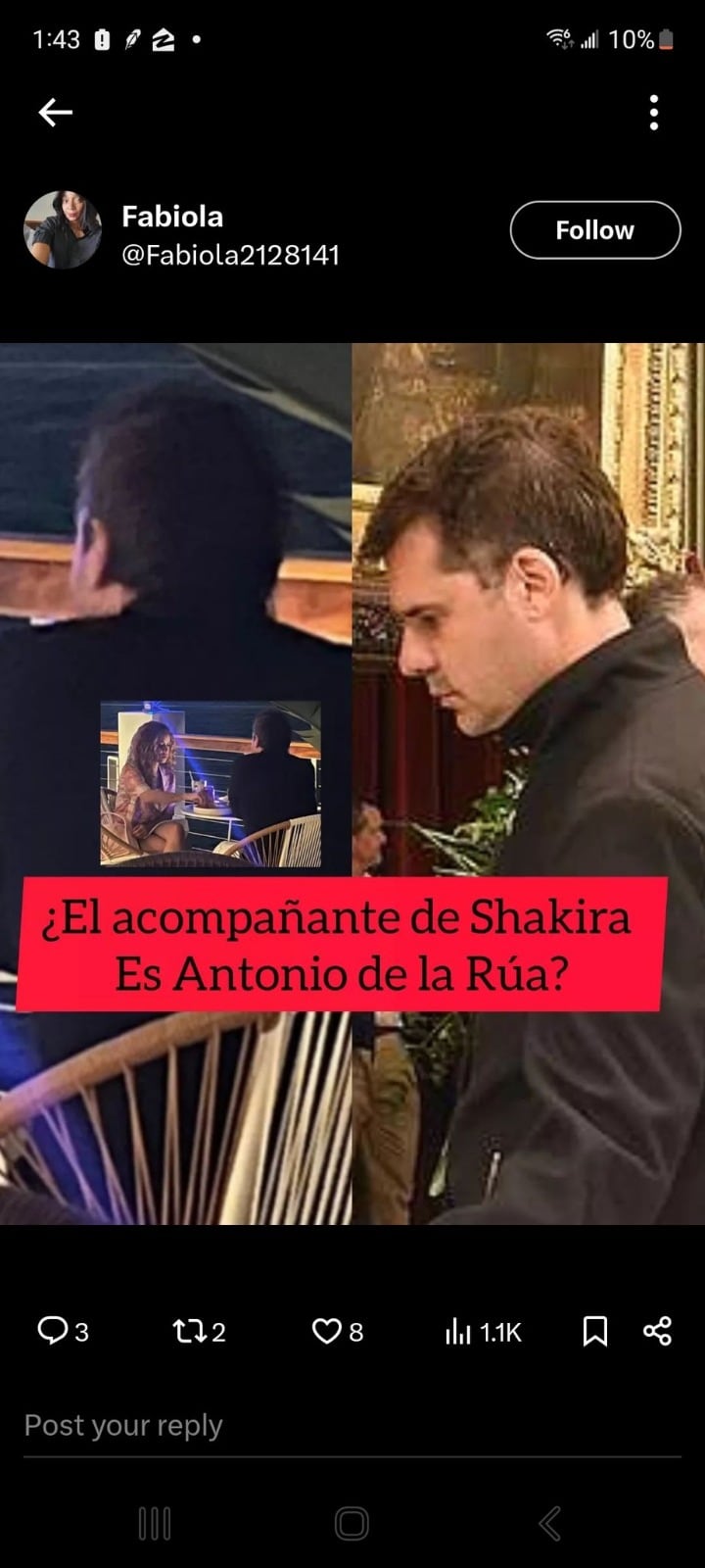 Shakira y Antonio de la Rúa habrían cenado juntos. Gentileza Instagram.