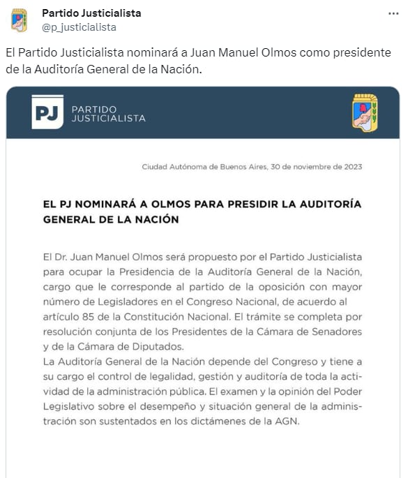 El Partido Justicialista propuso a Juan Manuel Olmos para la Auditoría General de la Nación - X