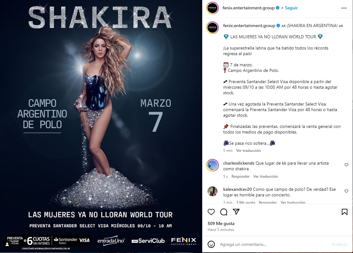 La venta de entradas para el show de Shakira.