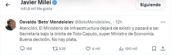 El aval de Milei en X: Infraestructura pasaría a ser secretaría bajo la órbita de Luis Caputo en Economía