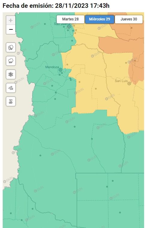 Mapa del Servicio Meteorológico Nacional para el miércoles 29/11/2023.