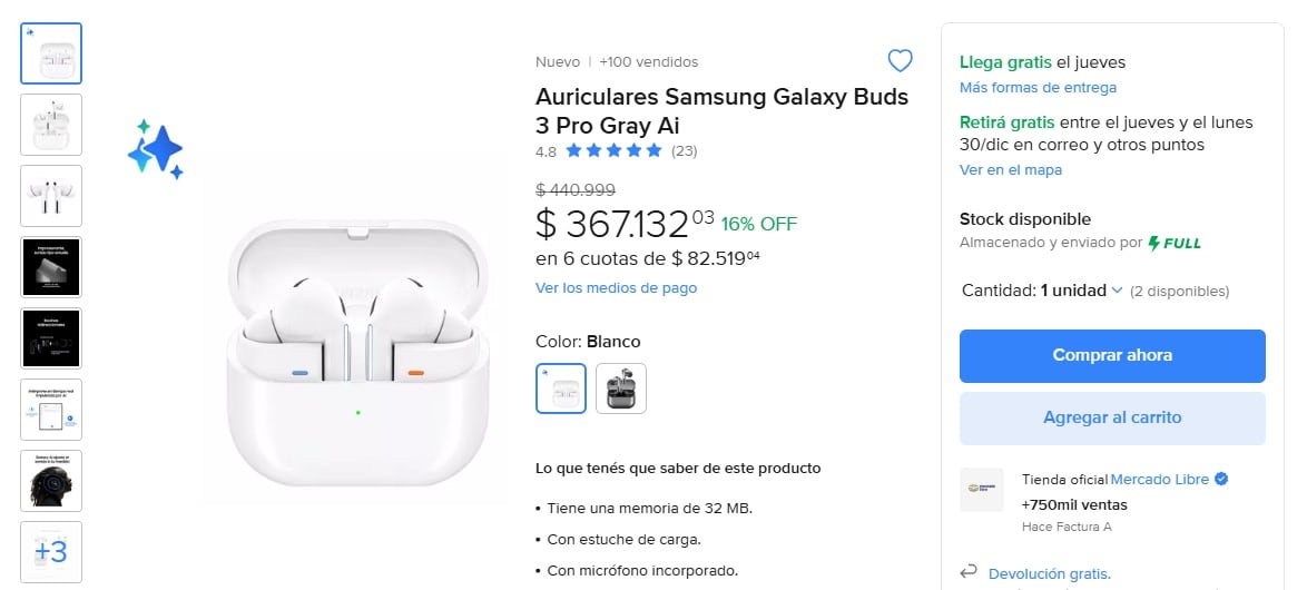 En nuestro país el mismo de auriculares se encuentra en la página de Mercado Libre a un precio de $367.132 argentinos.