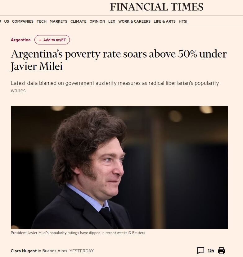 La nota de Financial Times con críticas a Milei por el índice de pobreza (FT)