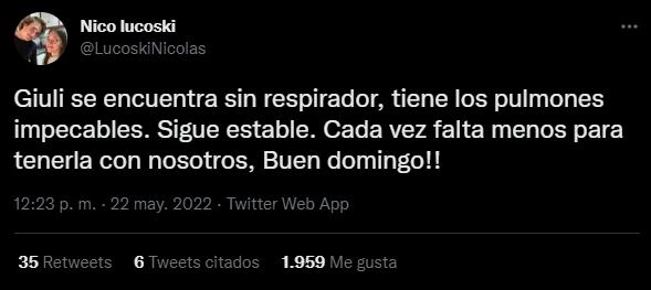 Giuliana Lucoski mejora y le retirarán el respirador, aunque sigue con pronóstico reservado. Foto: Twitter.