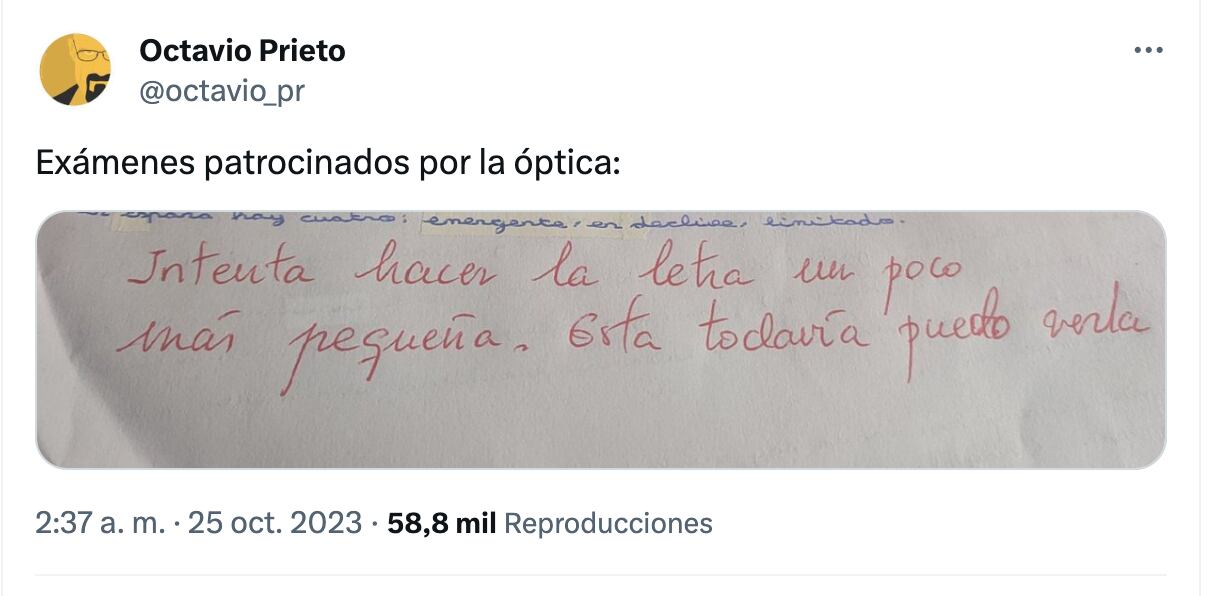 La insólita nota de un profesor al corregir un examen donde no podía ver la letra