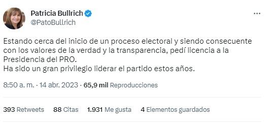 Patricia Bullrich se toma licencia como presidenta del PRO (Twitter)