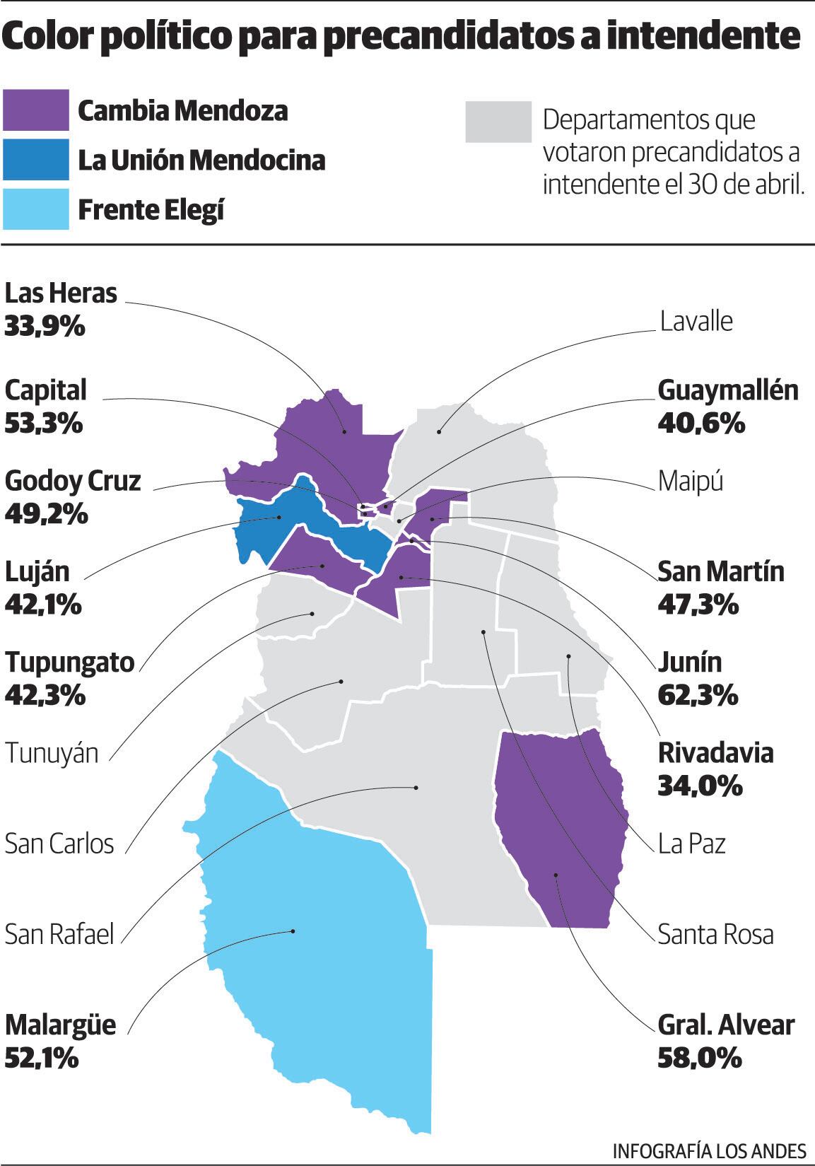 Resultados PASO color político para intendente por departamento.