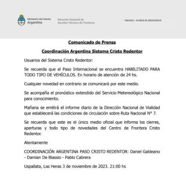 Comunicado sobre el Paso Internacional Cristo Redentor. Foto: X / @VALLEOVA