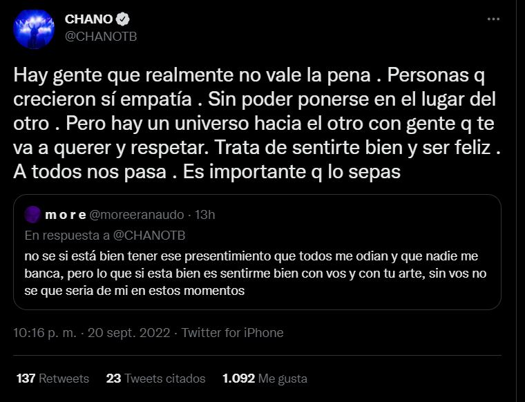 Chano se abrió en Twitter e hizo catarsis con sus seguidores