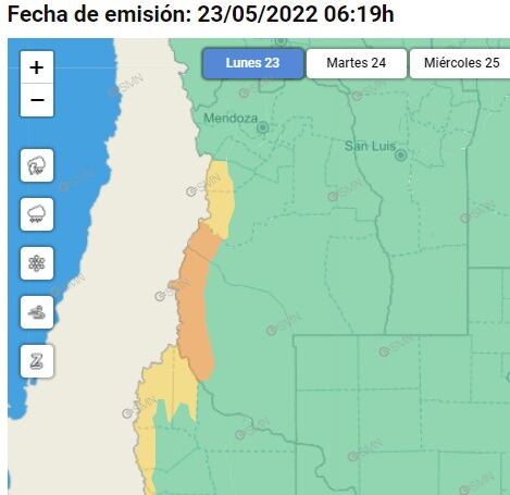 Nevadas en cordillera: alerta amarilla y naranja para el Valle de Uco, San Rafael y Malargüe (SMN)