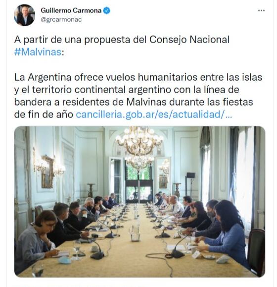 Guillermo Carmona detalló en Twitter la propuesta argentina a Gran Bretaña.