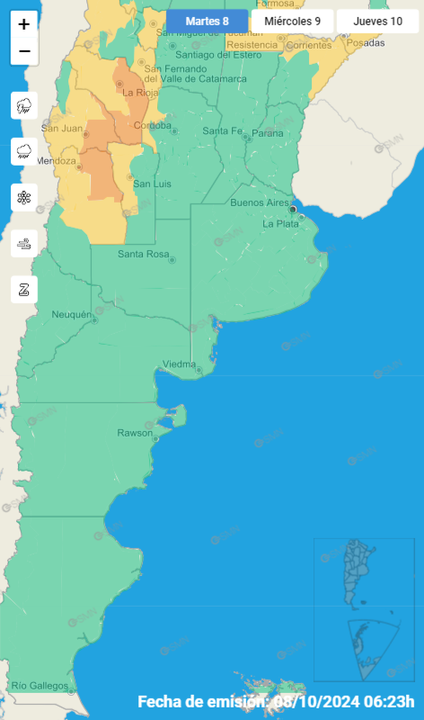 El SMN emitió tres alertas para Mendoza: una amarilla por nevadas en cordillera, una amarilla por lluvias en el centro, Valle de Uco y Sur provincial; y otra naranja por lluvias para el Este.