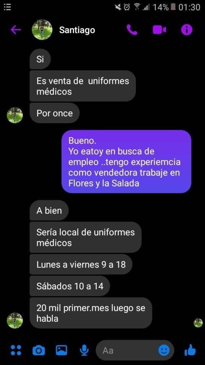 Los mensajes que se viralizaron de "Santiago" en donde ofrecía un puesto de trabajo en ventas de uniformes.