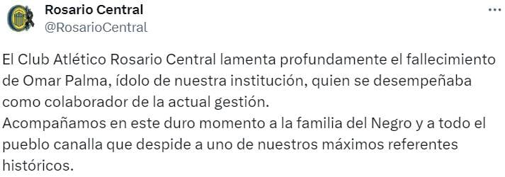 Rosario Central anunció la muerte de Omar Arnaldo Palma.