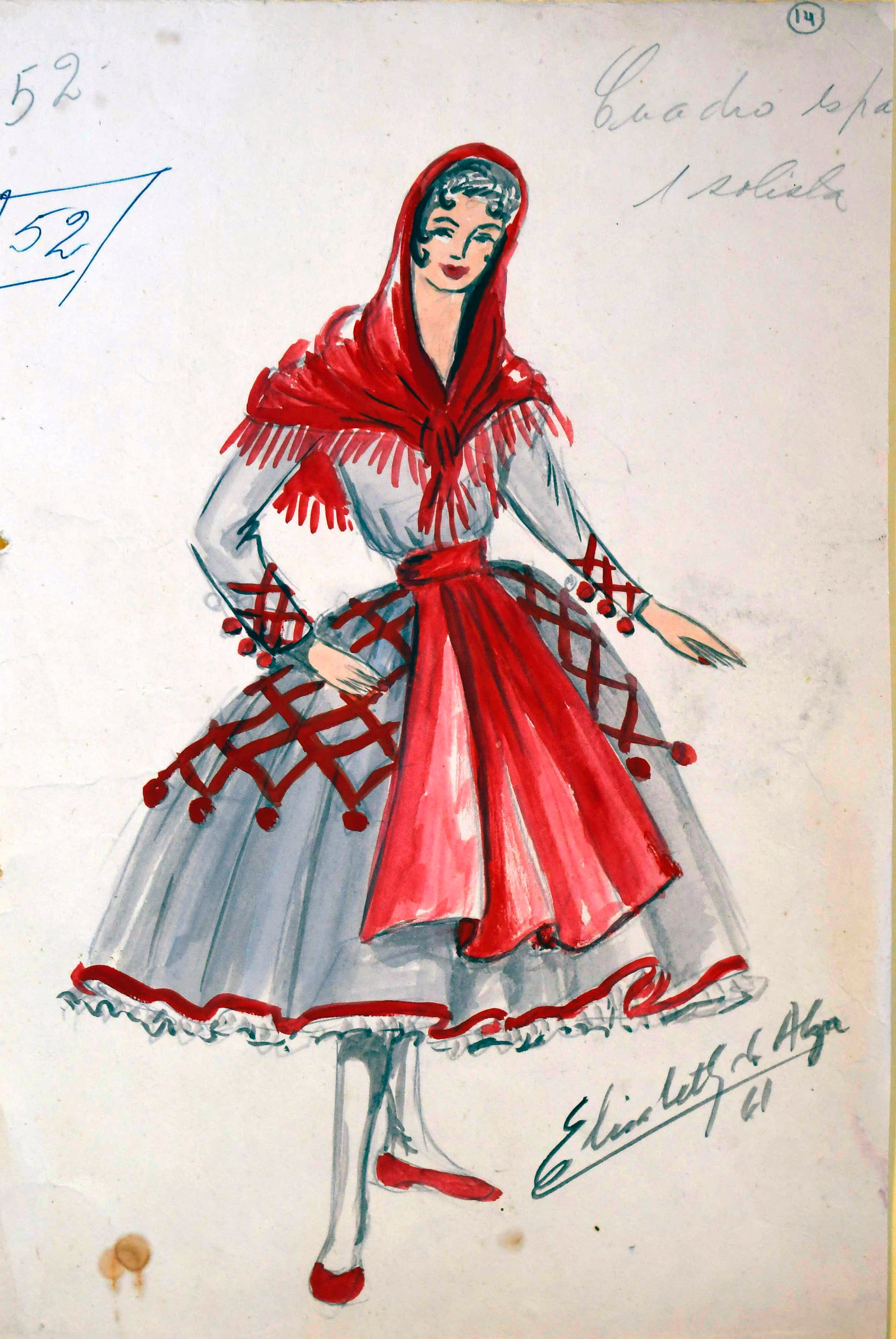 Trabajo de la querida diseñadora Elizabeth Hradil Pol de Alza de la Fiesta de la Vendimia 1961 (al frente aclara que es para el cuadro de española solista, y en el dorso aclara que es vestido con delantal, manta y adornos de tafelina, va con medias blancas, chatitas rojas y tiene voladito imitando a una enagua).

