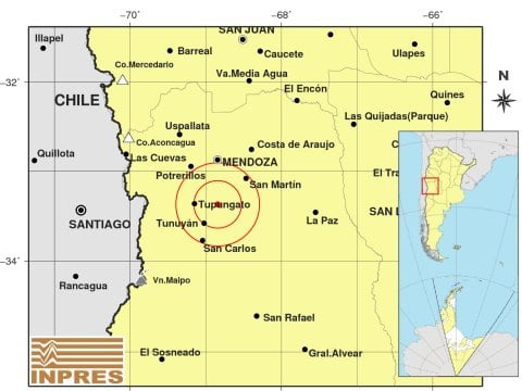 Segundo temblor de este martes en Mendoza. Imagen: Inpres