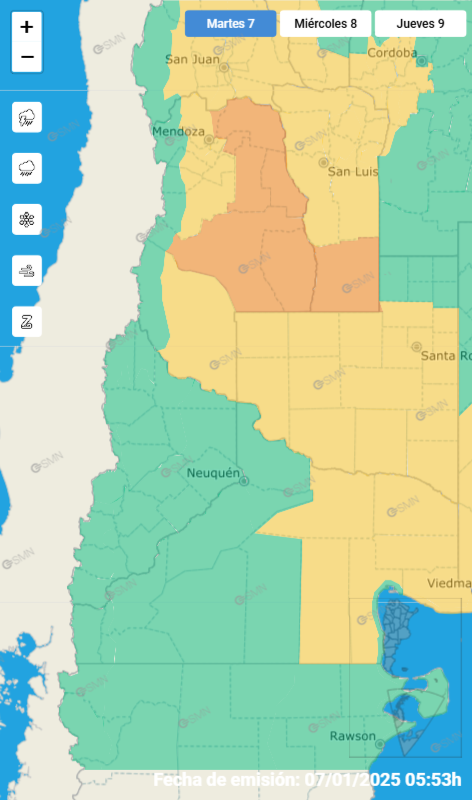 Alerta amarilla y naranja por tormentas en Mendoza. - SMN.