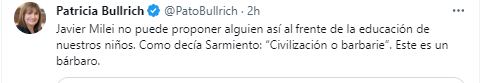 Patricia Bullrich también habló sobre los dichos de Martín Krause. Gentileza: Captura X @PatoBullrich.