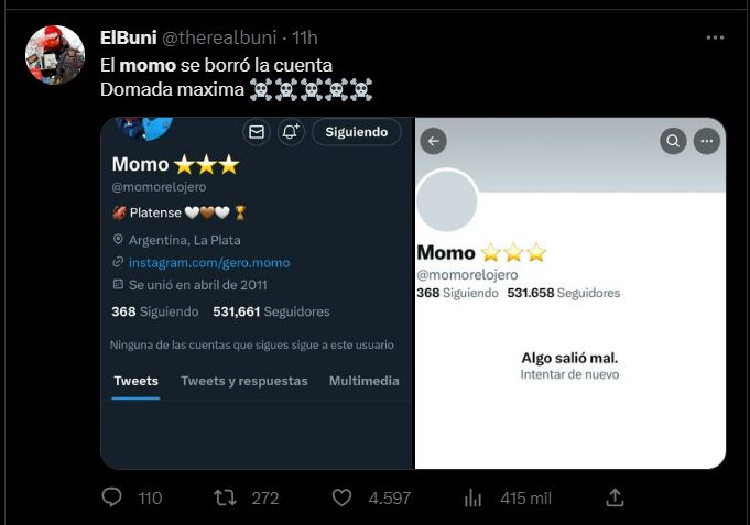 Momo quiso ser reflexivo, lo atacaron en las redes y cerró su cuenta