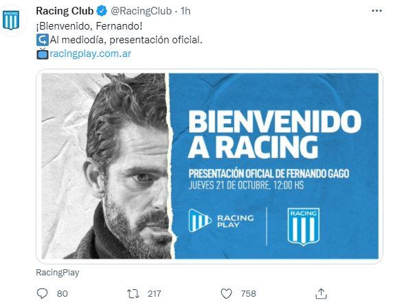 Fernando Gago arrancó su ciclo como entrenador de Racing.