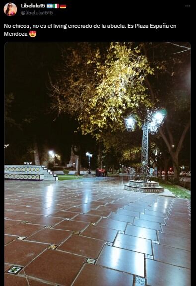 “No chicos, no es el living encerado de la abuela. Es Plaza España en Mendoza” escribió la usuaria de Twitter. Foto: captura.