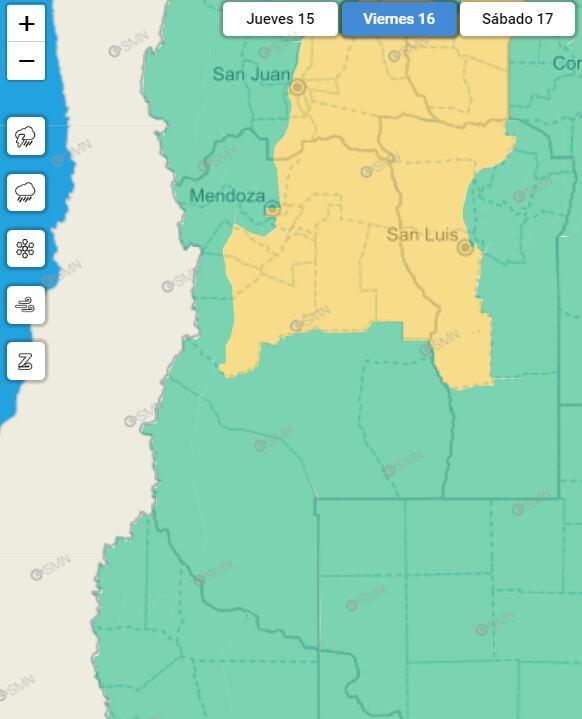 Las zonas de Mendoza que están alcanzadas por la alerta amarilla del Servicio Meteorológico Nacional.