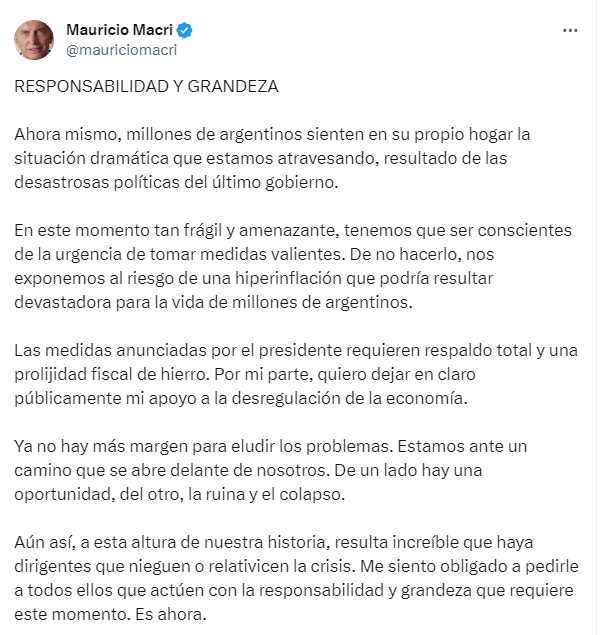 Macri pidió "respaldo total" al DNU de Milei y Larreta criticó la medida - X