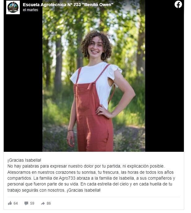 Conmoción en las redes sociales por la muerte de la joven Isabella Marino en La Plata - Facebook