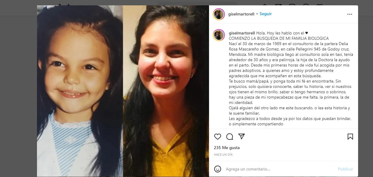 Gisel nació el 30 de marzo de 1989, es adoptada y está buscando a su madre biológica. El posteo que realizó en su cuenta de Instagram.