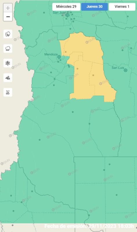 Mapa del Servicio Meteorológico Nacional para este jueves 30/11/2023.