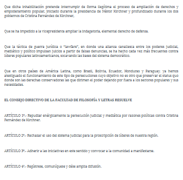 La segunda parte del comunicado de la Facultad de Filosofía y Letras de la UBA. 