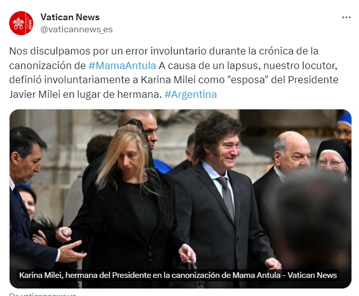 Karina Milei fue confundida con la esposa del Presidente - Foto Vatican News