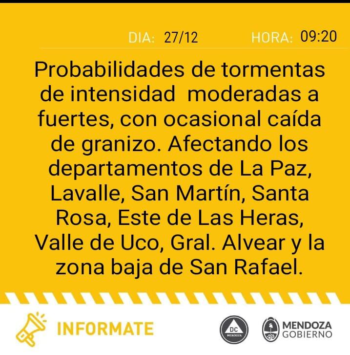 Alerta de Defensa Civil por tormentas para este miércoles 27 de diciembre