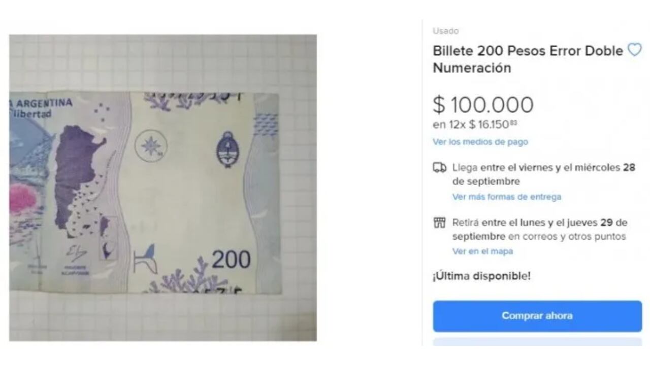 Captura de uno de los billetes en venta en Mercado Libre. Foto: Captura