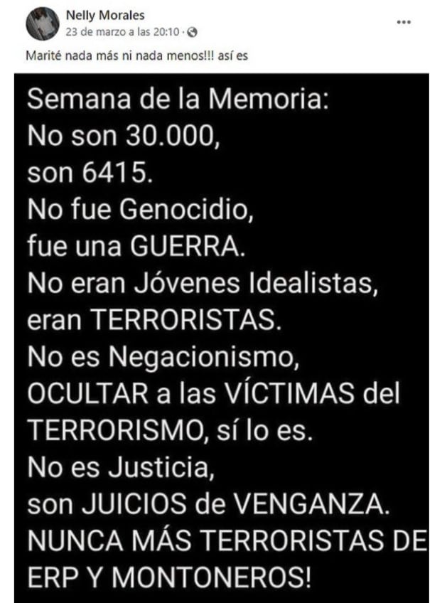 Una intendenta cordobesa publicó en Facebook un mensaje que desacredita la cifra de 30 mil desaparecidos y deconoce el terrorismo de Estado.