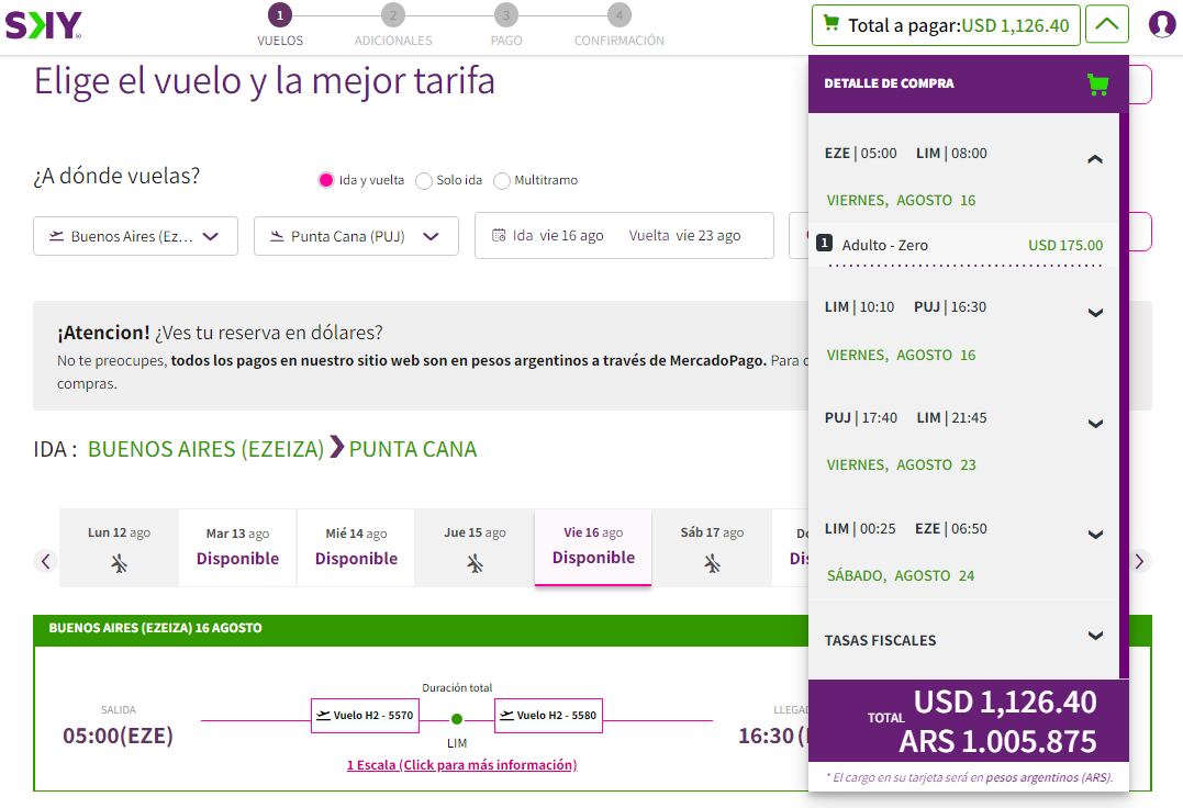 Precio final del vuelo en la web de Sky Airline