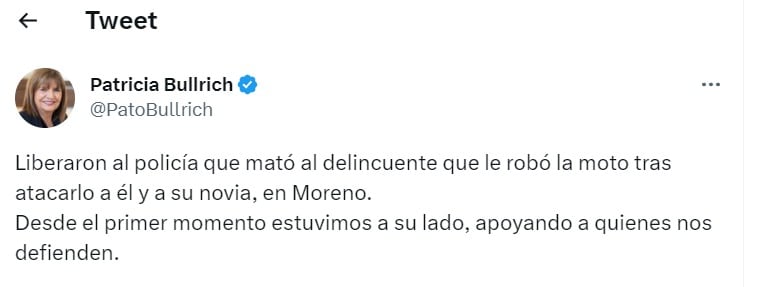 Patricia Bullrich celebró al liberación del policía.