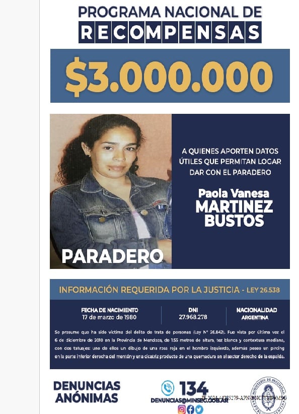 ofrecen recompensa para quien aporte datos sobre Paola Vanesa Martínez Bustos.