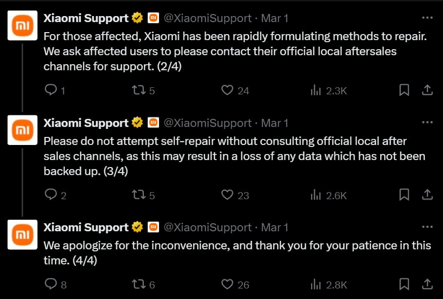 Xiaomi se disculpó con los usuarios de la marca tras el inconveniente. Captura: X / @XiaomiSupport