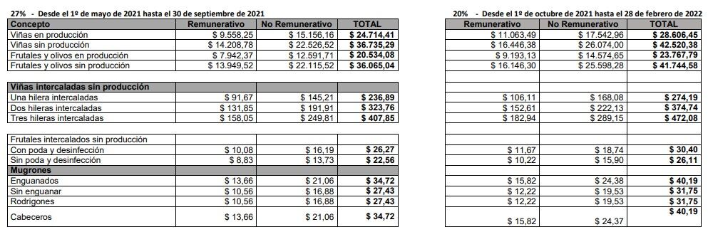 Remuneraciones de contratistas de viña y frutales 2021/2022, acordadas en mayo