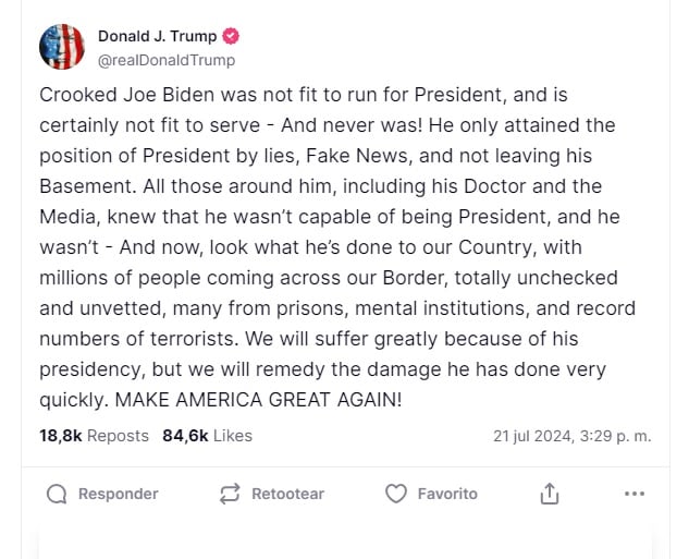 El mensaje de Donald Trump en Truth Social tras el anuncio de Biden