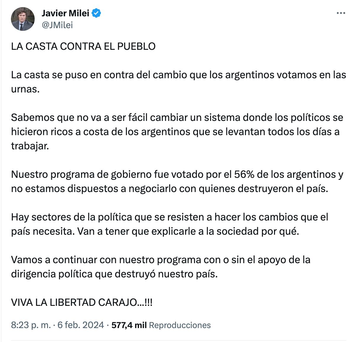 Duros comunicados desde el oficialismo tras el revés parlamentario de la ley ómnibus, incluido un mensaje del presidente Javier Milei.